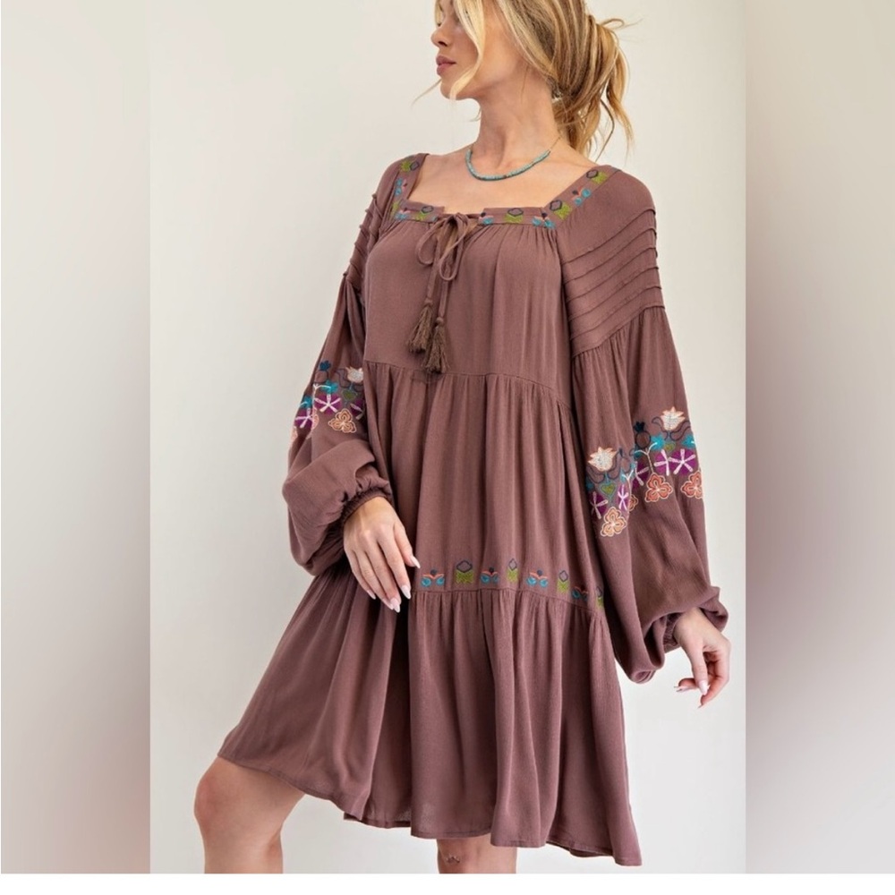 Easel Floral Embroidered Long Sleeve Dress - Brown